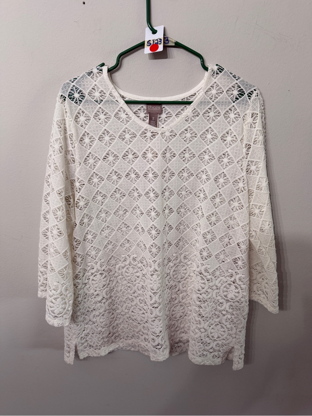 Women’s Chico’s White Lace Crochet Tunic Top Size 3 XL 16/18